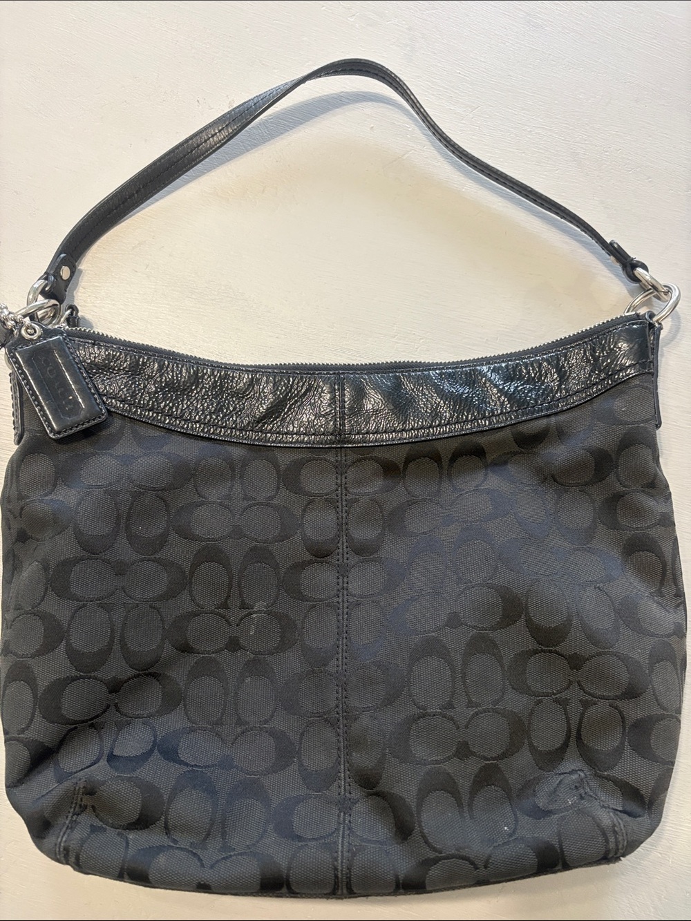 Coach Black Signature Shoulder Bag with Leather Trim